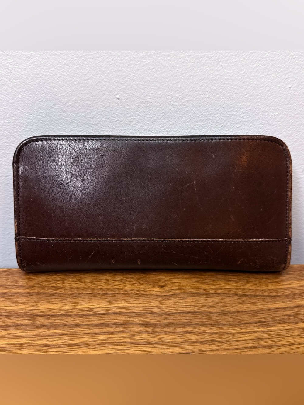 Vintage Coach Brown Leather Continental Full Zip Wallet Ticking Stripe 6907